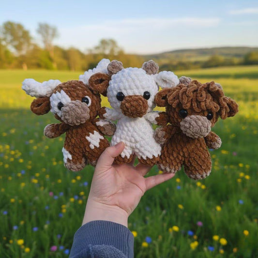 Crochet Baby Cow Trio Pattern – Longhorn, Highland, Amigurumi (PDF)